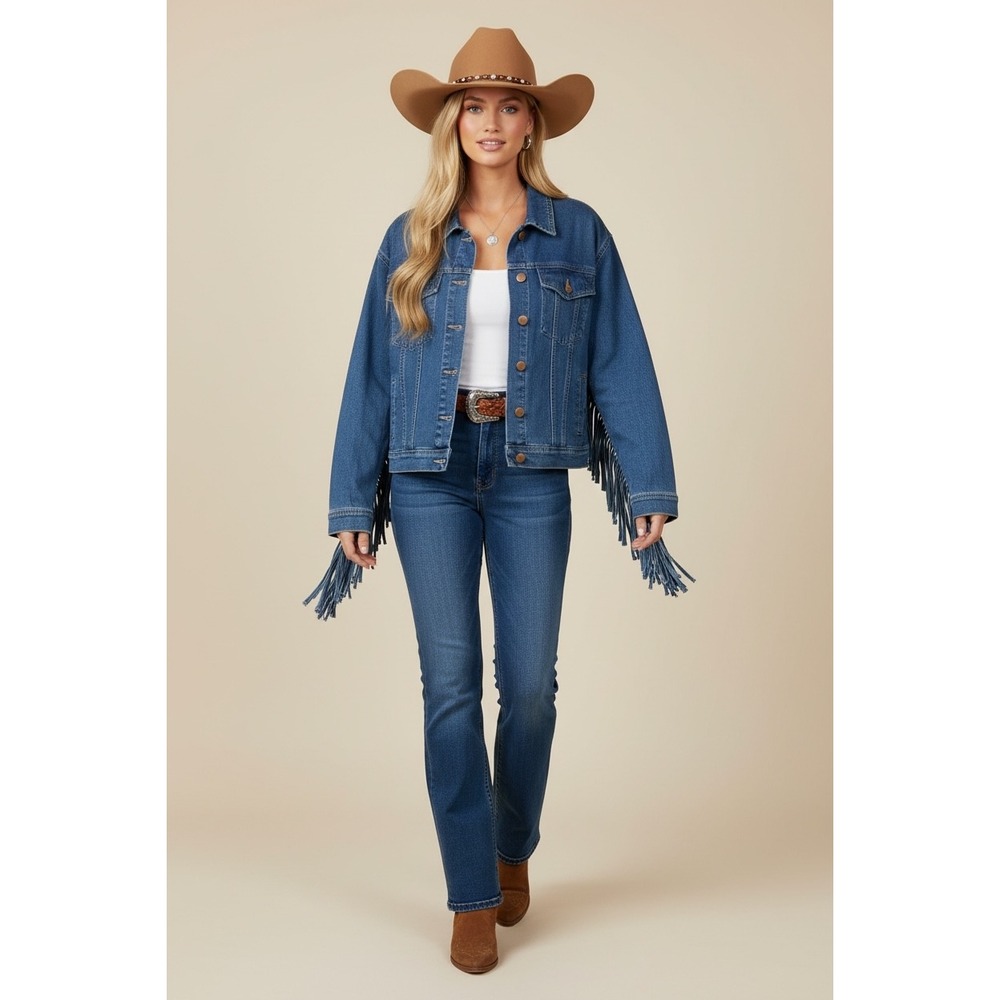 NEW Western Fringe Denim Jacket Blue Size Large Stretch Cowgirl Boho Trucker